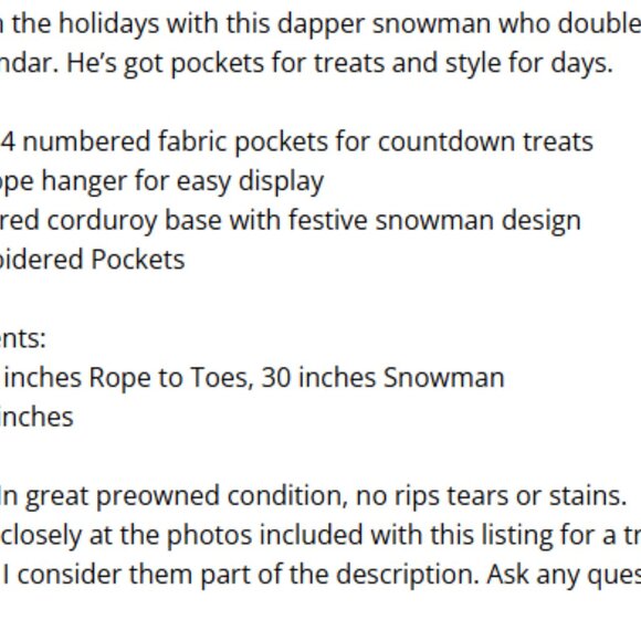 Snowman Hanging Fabric Advent Calendar 24 Numbered Pockets Christmas 38" Long - Picture 8 of 8